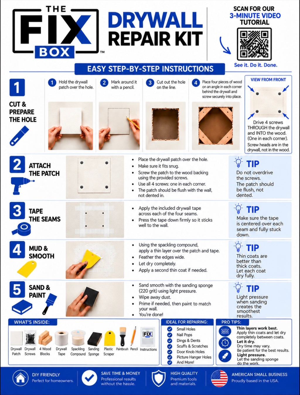 The Fix Box Drywall Repair Kit – Four 6" Repairs or One 12" Repair