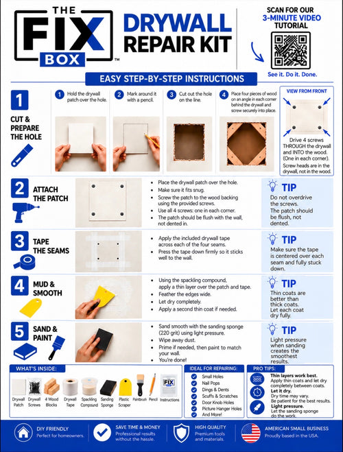 The Fix Box Drywall Repair Kit – Four 6" Repairs or One 12" Repair